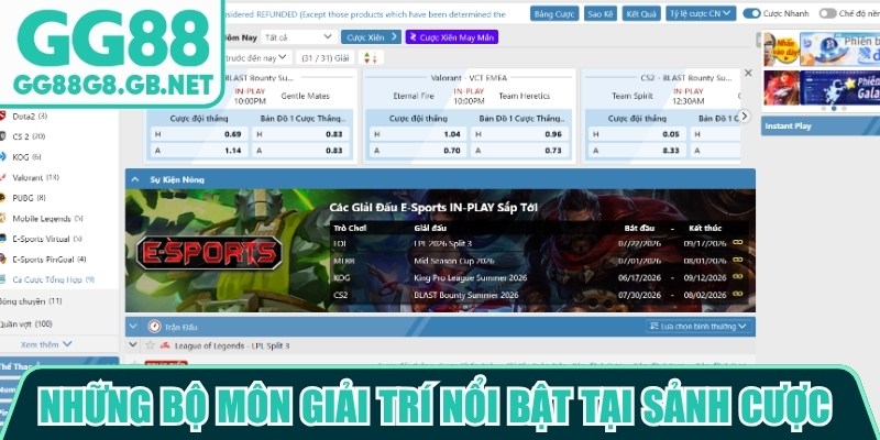 Những bộ môn giải trí nổi bật tại sảnh cược thể thao GG88